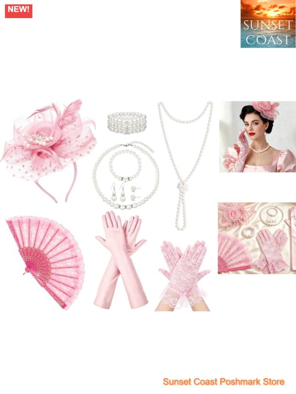 Tea Party Fascinator Hat Lace Gloves Fan Pearl Jewelry Set Costume Accessory Kit
